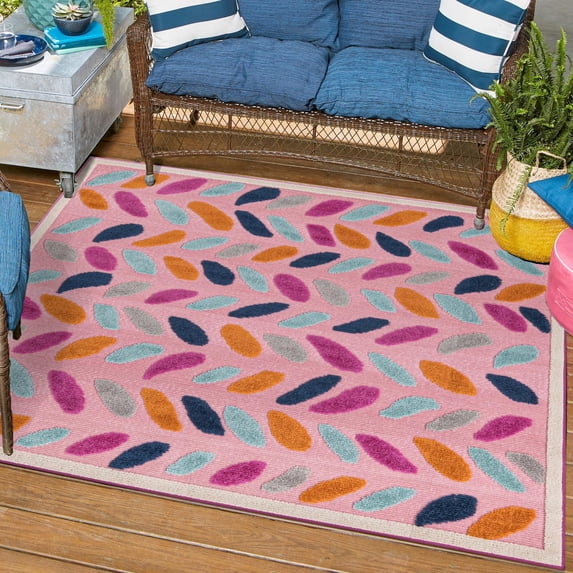 Unique Loom Aruba Outdoor Collection Area Rug - Oranjestad (7' 10" Square Pink/Gold)