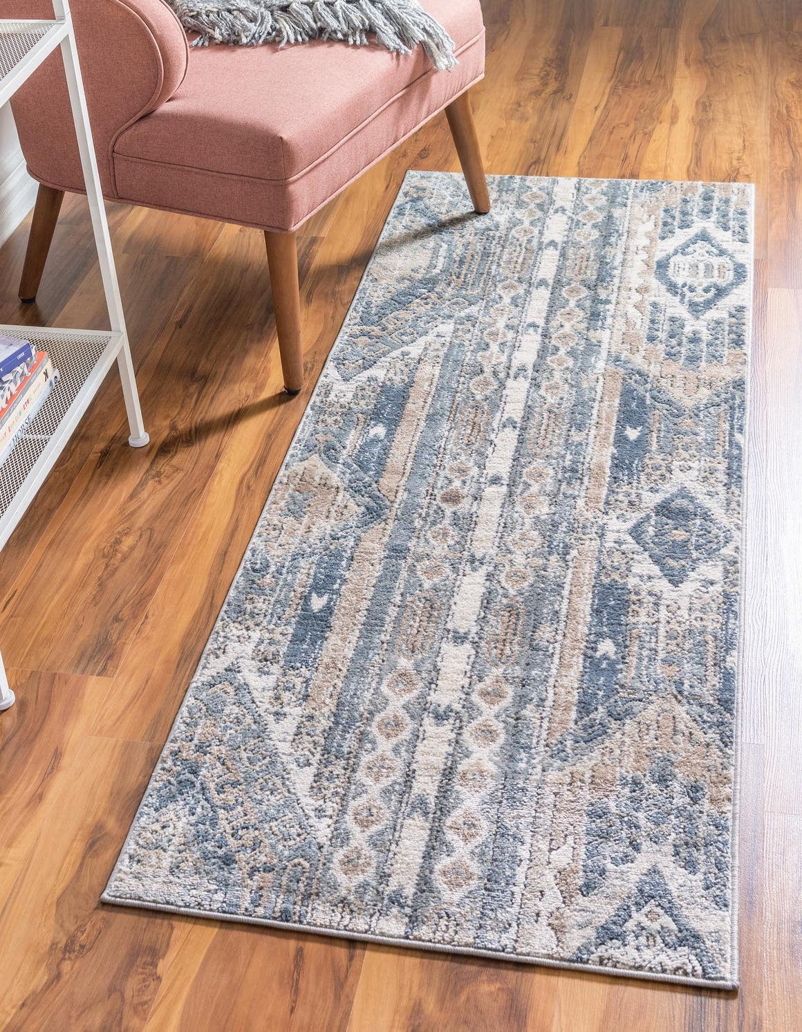 Navy Blue Geometric Indoor Runner Rug with Easy Care and Stain Resistance