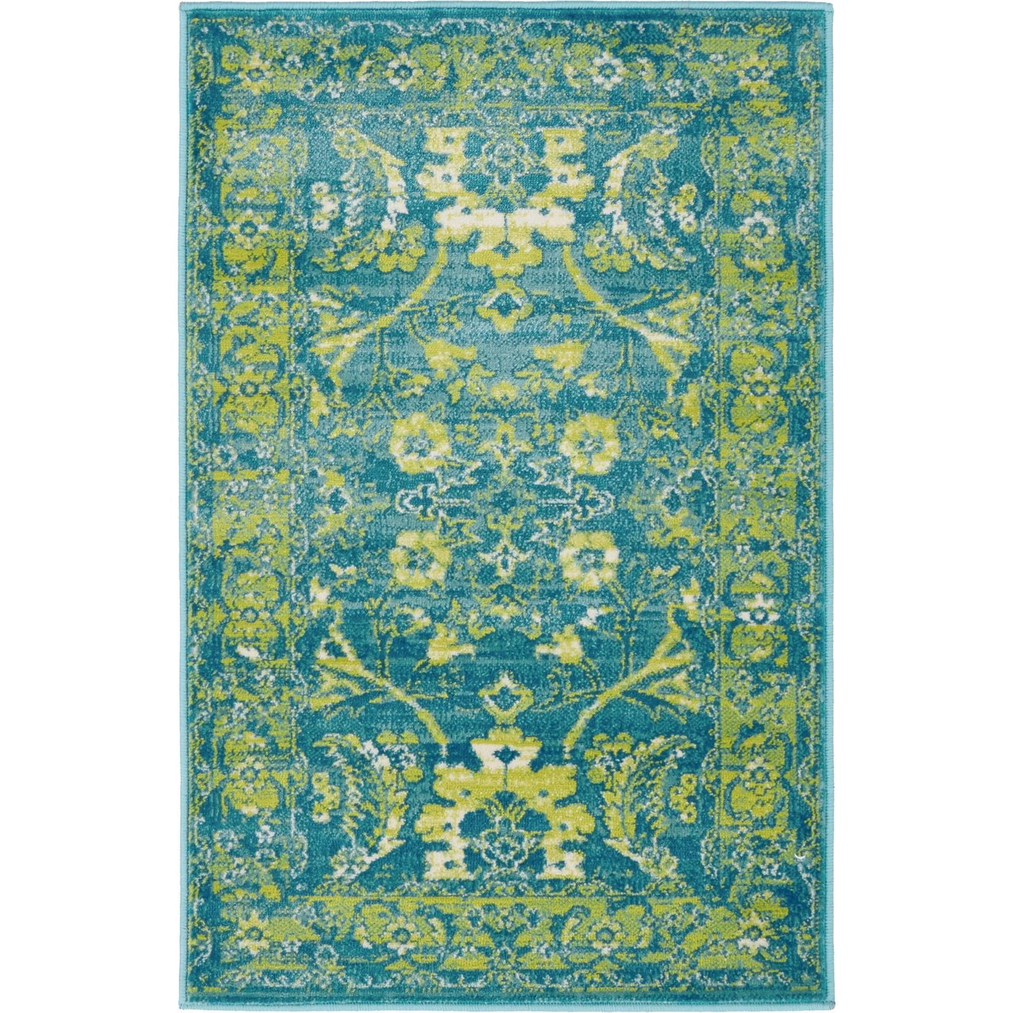 Imperial Blue Floral Border 2' x 3' Synthetic Area Rug