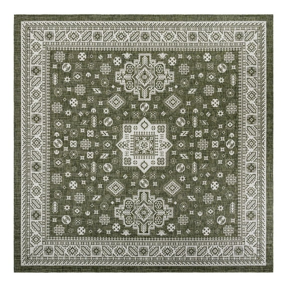 Unique Loom Outdoor Aztec Collection Area Rug - Chalca (13' Square Green/Ivory)