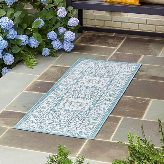 Unique Loom Outdoor Aztec Collection Area Rug - Chalca (2' 7" x 12' Runner Aqua/Ivory)