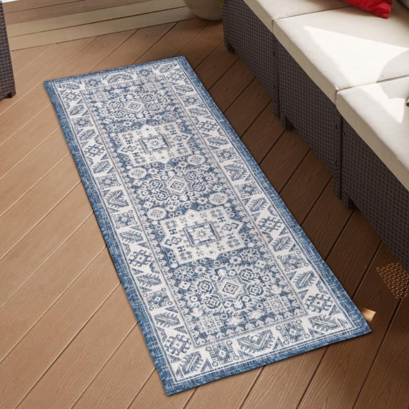 Unique Loom Outdoor Aztec Collection Area Rug - Chalca (2' 7" x 12' Runner Blue/Ivory)