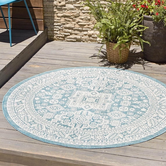 Unique Loom Outdoor Aztec Collection Area Rug - Chalca (3' 3" Round Aqua/Ivory)