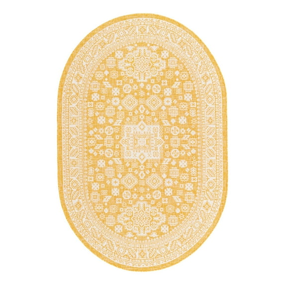 Unique Loom Outdoor Aztec Collection Area Rug - Chalca (5' 3" x 8' Oval Yellow/Ivory)