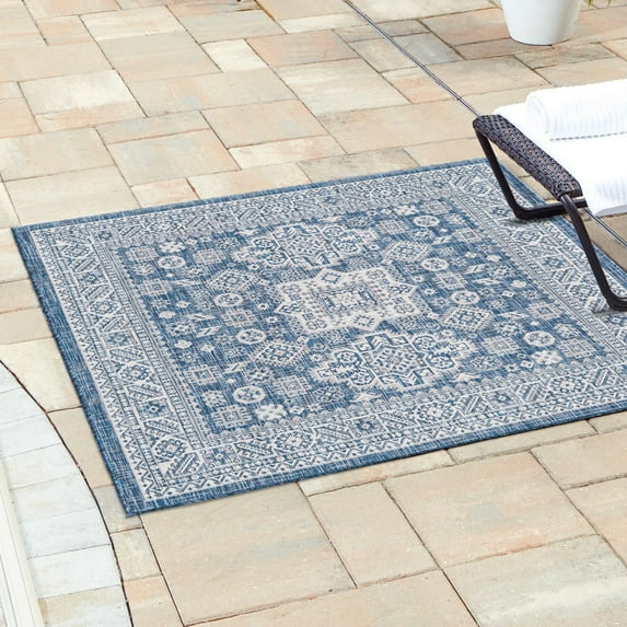 Unique Loom Outdoor Aztec Collection Area Rug - Chalca (7' 10" Square Blue/Ivory)