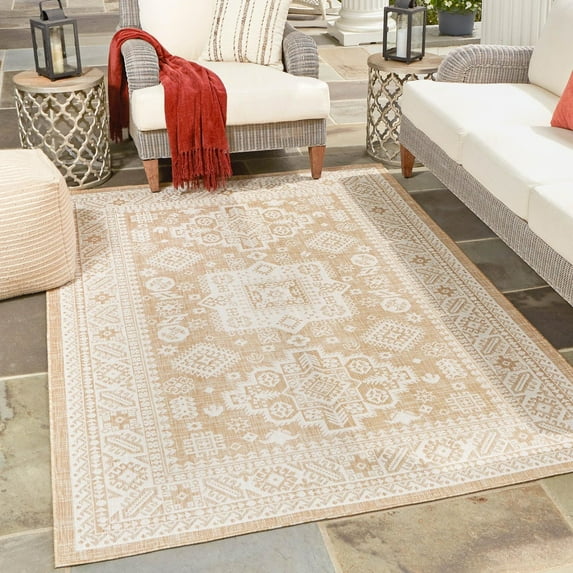 Unique Loom Outdoor Aztec Collection Area Rug - Chalca (7' 10" x 11' Rectangle Natural/Ivory)