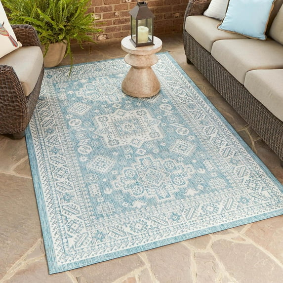 Unique Loom Outdoor Aztec Collection Area Rug - Chalca (9' x 12' Rectangle Aqua/Ivory)