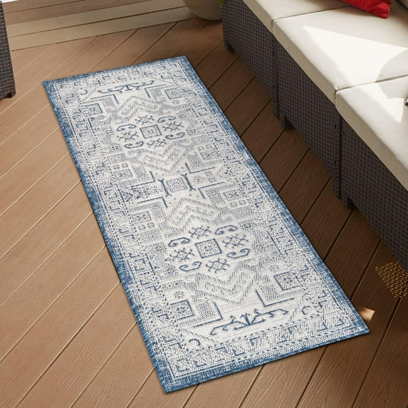 Unique Loom Outdoor Aztec Collection Area Rug - Coba (2' 7" x 12' Runner Blue/Ivory)