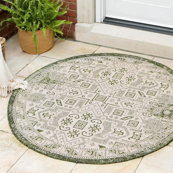 Unique Loom Outdoor Aztec Collection Area Rug - Coba (3' 3" Round Green/Ivory)