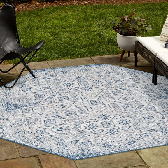 Unique Loom Outdoor Aztec Collection Area Rug - Coba (5' 3" Octagon Blue/Ivory)