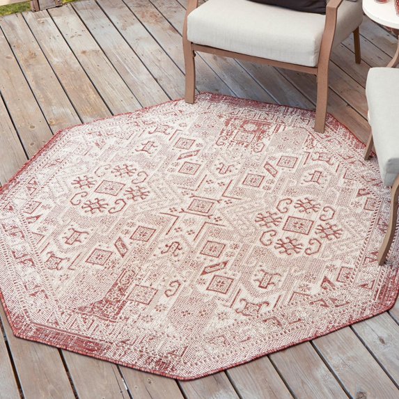Unique Loom Outdoor Aztec Collection Area Rug - Coba (5' 3" Octagon Rust Red/Ivory)