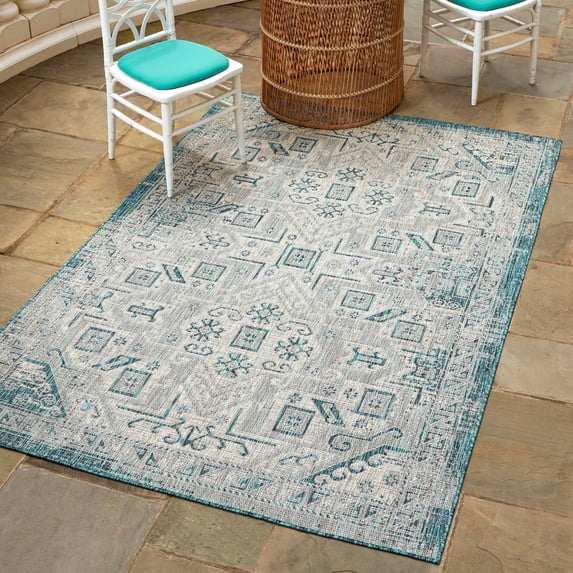 Unique Loom Outdoor Aztec Collection Area Rug - Coba (7' 1" x 10' Rectangle Teal/Ivory)