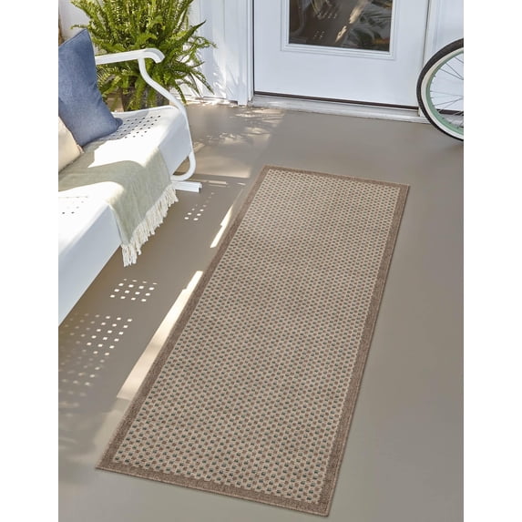 Unique Loom Outdoor Border Collection Area Rug - Outline (2' 7" x 10' Runner Beige/Ivory)
