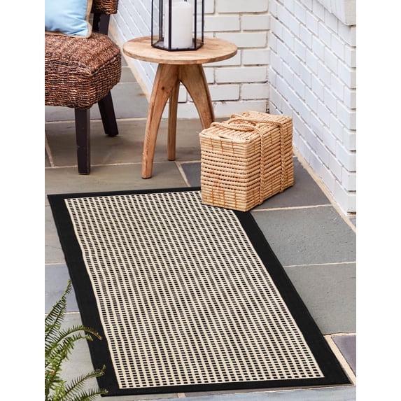 Unique Loom Outdoor Border Collection Area Rug - Frame (2' x 5' 1" Runner Black/Ivory)