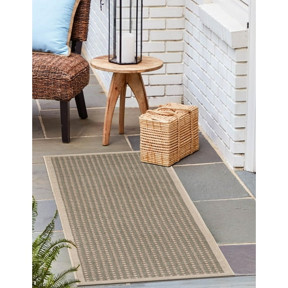 Unique Loom Outdoor Border Collection Area Rug - Outline (2' x 5' 1" Runner Brown/Ivory)