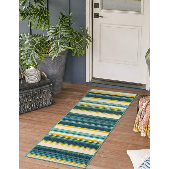 Unique Loom Outdoor Border Collection Area Rug - Contour (2' x 6' 1" Runner Multi/Teal)