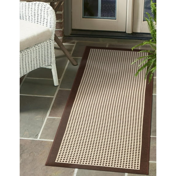 Unique Loom Outdoor Border Collection Area Rug - Frame (2' x 8' Runner Brown/Ivory)