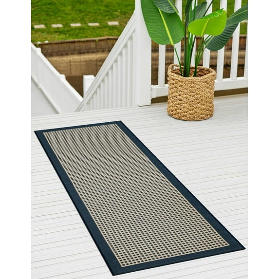 Unique Loom Outdoor Border Collection Area Rug - Frame (2' x 8' Runner Navy Blue/Ivory)