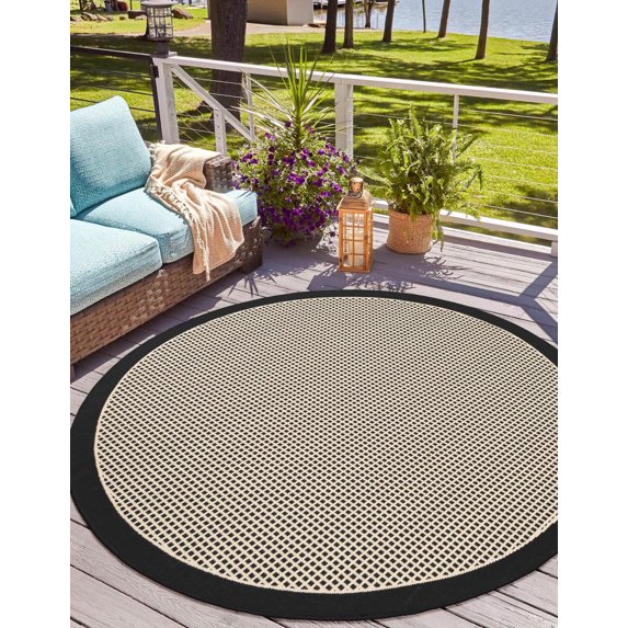 Unique Loom Outdoor Border Collection Area Rug - Frame (3' 1" Round Black/Ivory)