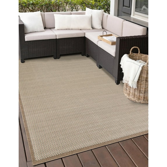 Unique Loom Outdoor Border Collection Area Rug - Outline (4' 1" x 6' 1" Rectangle Beige/Ivory)