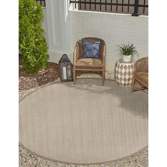 Unique Loom Outdoor Border Collection Area Rug - Outline (5' 1" Round Beige/Ivory)
