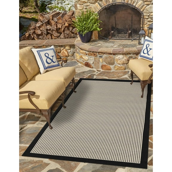 Unique Loom Outdoor Border Collection Area Rug - Frame (5' 1" x 8' Rectangle Black/Ivory)