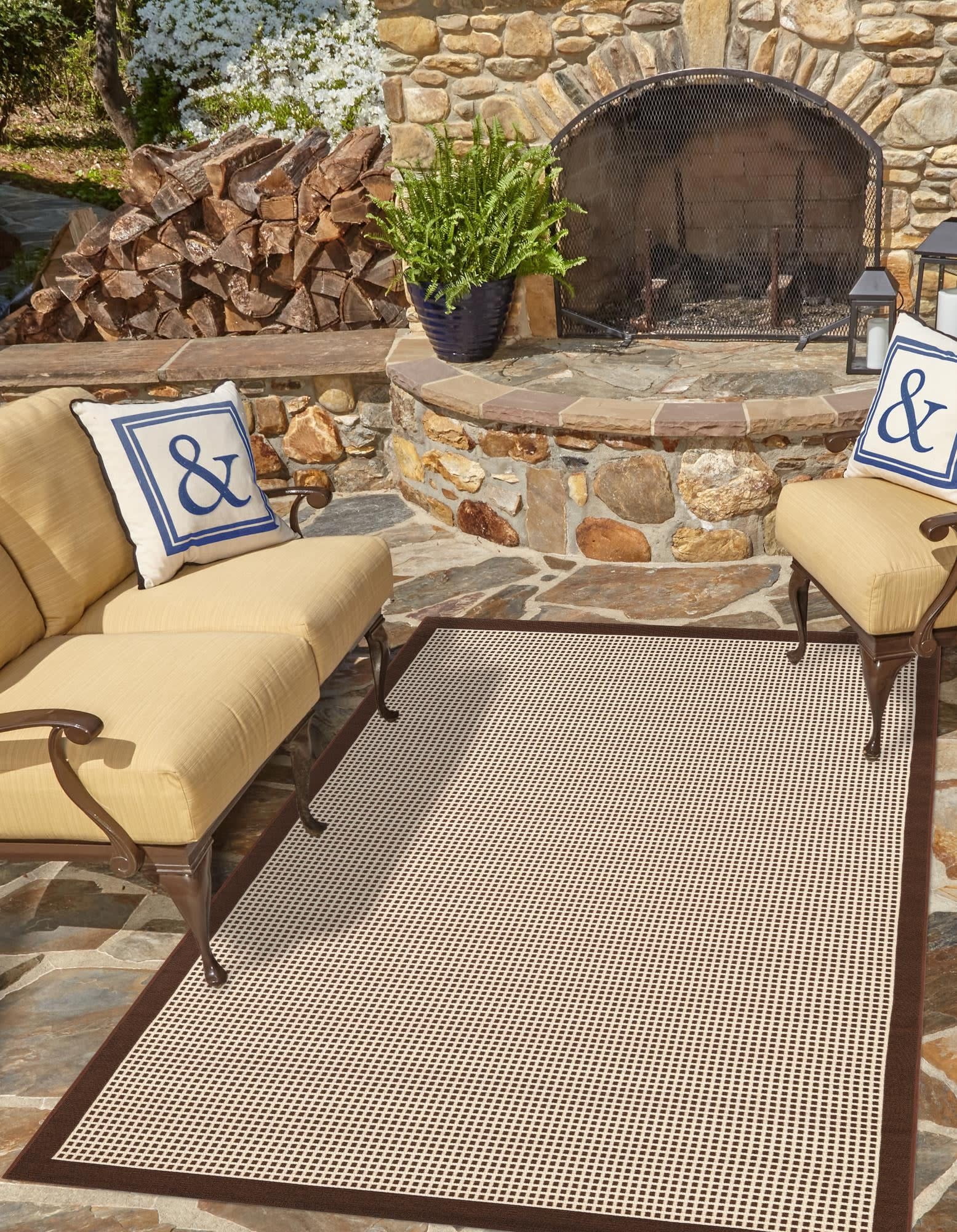 Unique Loom Outdoor Border Collection Area Rug - Frame (5' 1" x 8' Rectangle Brown/Ivory)