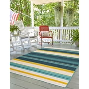 Unique Loom Outdoor Border Collection Area Rug - Contour 5 1" x 8 Rectangle Multi/Teal