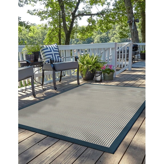 Unique Loom Outdoor Border Collection Area Rug - Frame (7' 10" x 10' Rectangle Navy Blue/Ivory)