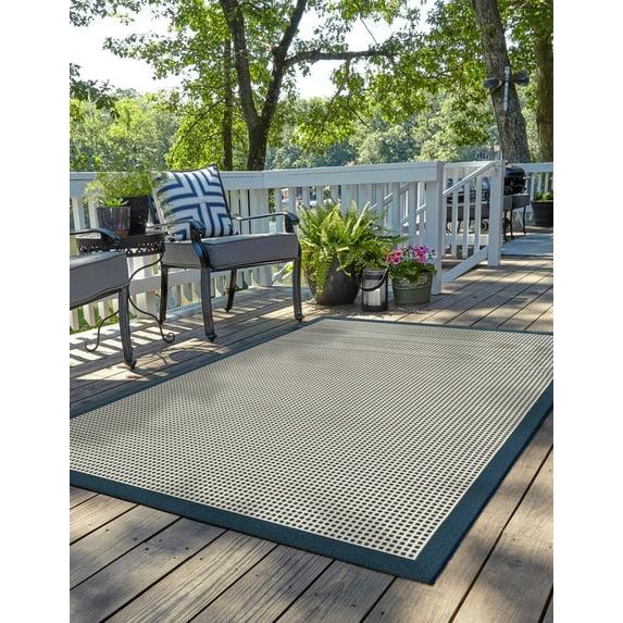 Unique Loom Outdoor Border Collection Area Rug - Frame (7' 10" x 10' Rectangle Navy Blue/Ivory)