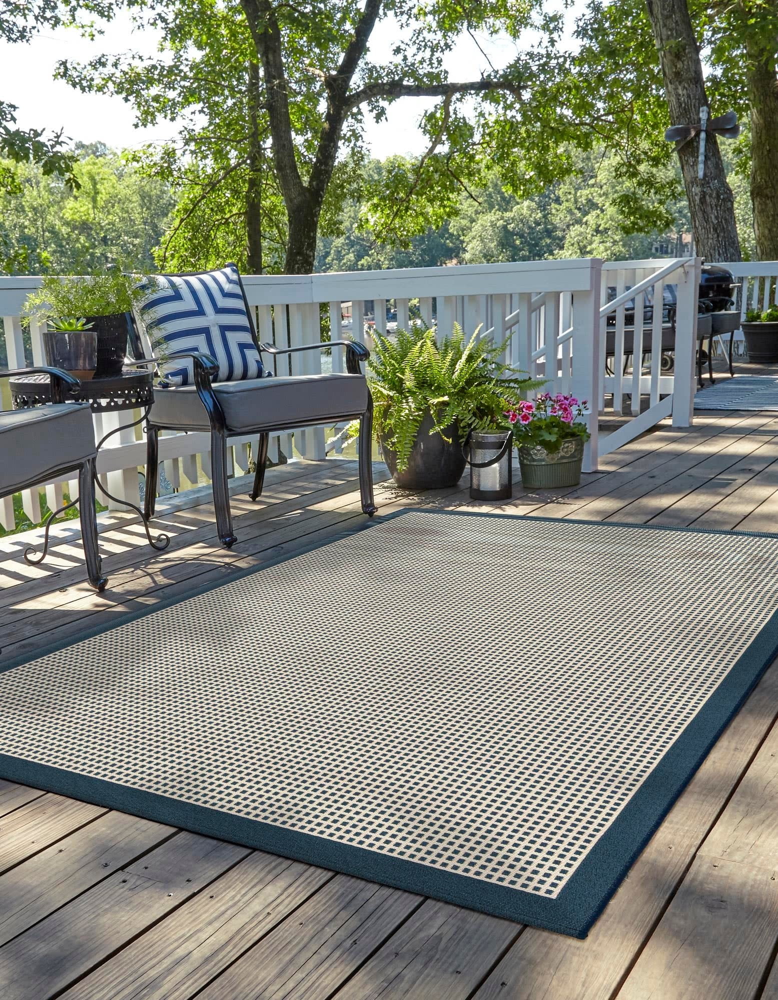 Unique Loom Outdoor Border Collection Area Rug - Frame (9' x 12' Rectangle Navy Blue/Ivory)