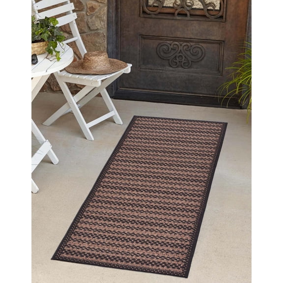 Unique Loom Outdoor Border Collection Area Rug - Checkered (2' 2" x 6' Runner Brown/Black)