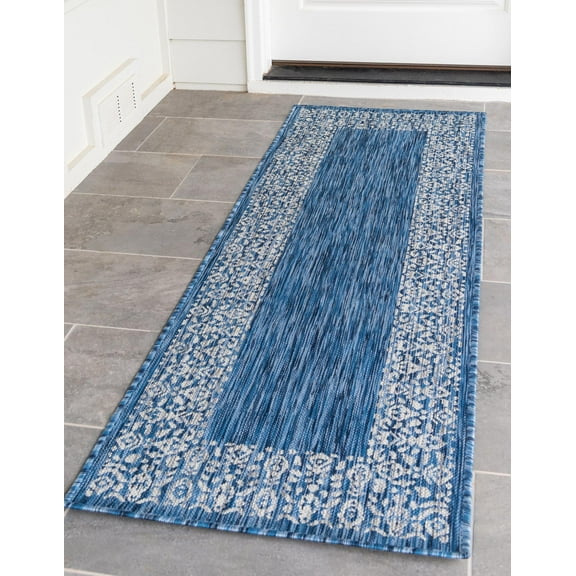Unique Loom Outdoor Border Collection Area Rug - Floral Border (2' x 6' 1" Runner Blue/Ivory)