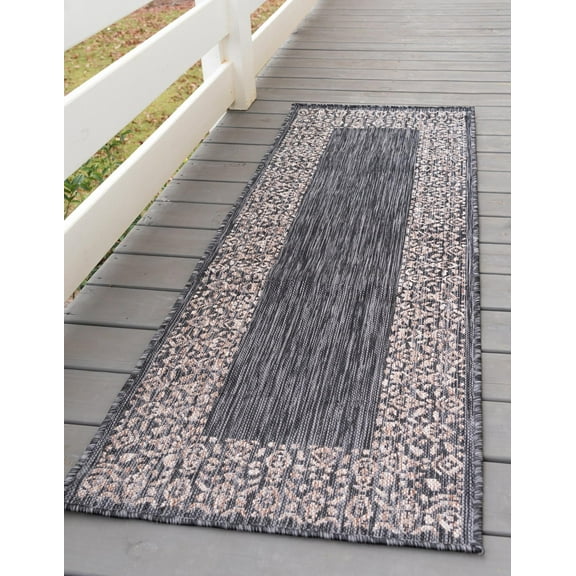 Unique Loom Outdoor Border Collection Area Rug - Floral Border (2' x 6' 1" Runner Charcoal Gray/Beige)