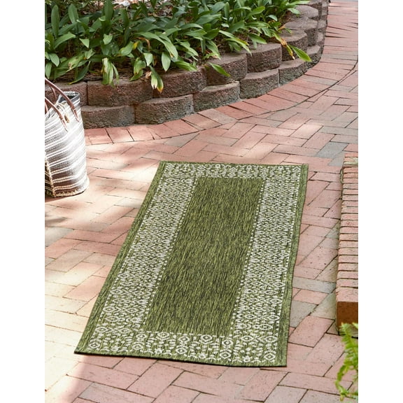 Unique Loom Outdoor Border Collection Area Rug - Floral Border (2' x 6' 1" Runner Green/Ivory)