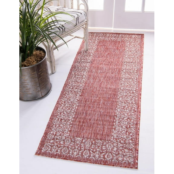 Unique Loom Outdoor Border Collection Area Rug - Floral Border (2' x 6' 1" Runner Rust Red/Ivory)