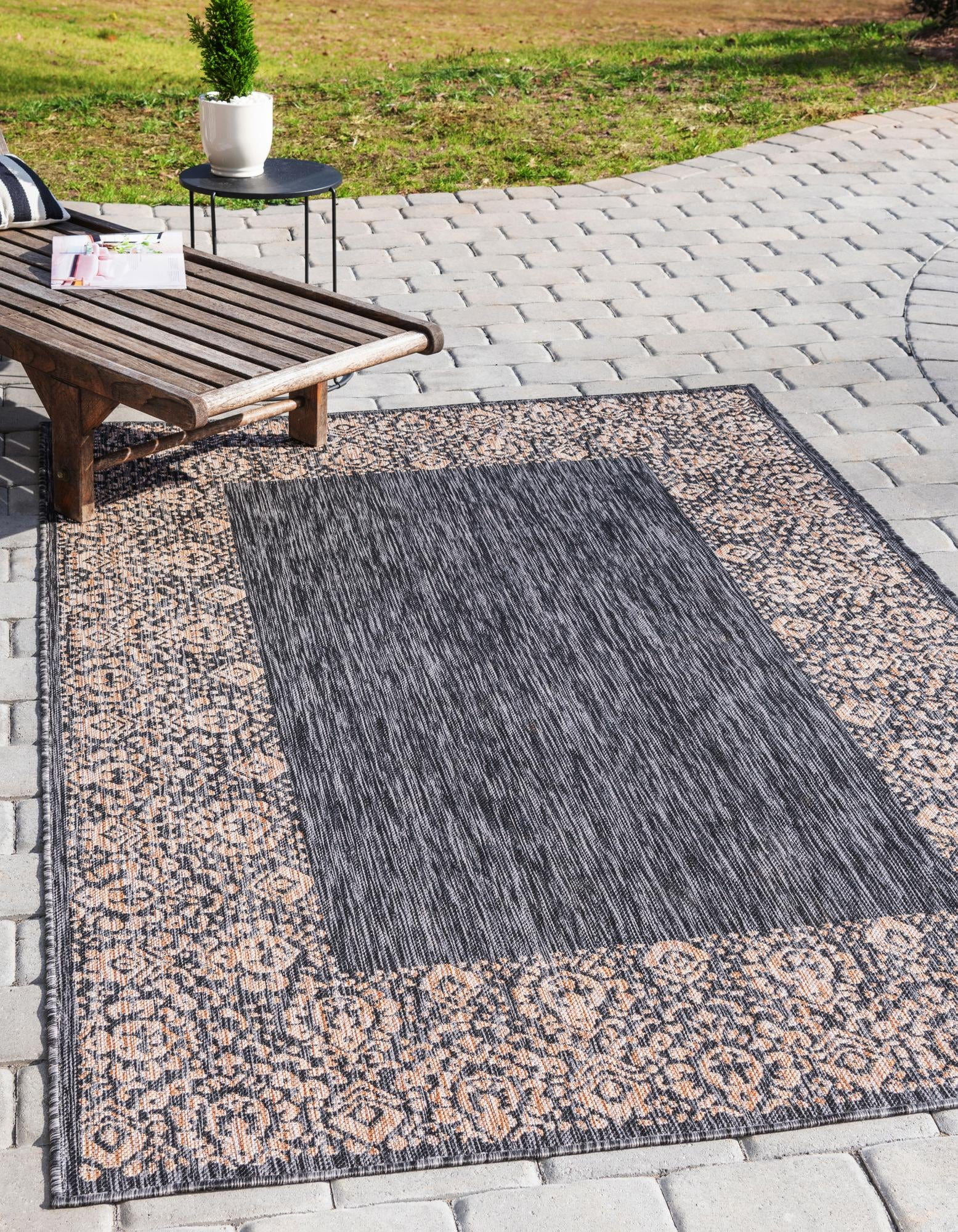 Charcoal Gray Floral Border Outdoor Rectangular Rug