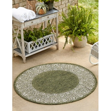 Unique Loom Outdoor Border Collection Area Rug - Floral Border (5' 3" Round Green/Ivory)