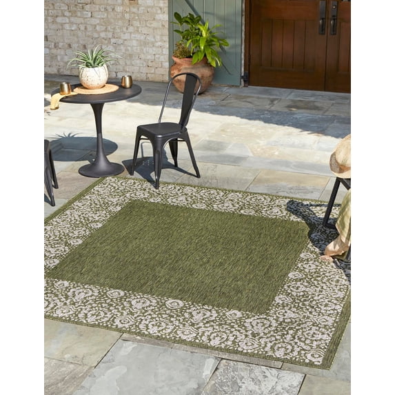 Unique Loom Outdoor Border Collection Area Rug - Floral Border (5' 3" Square Green/Ivory)