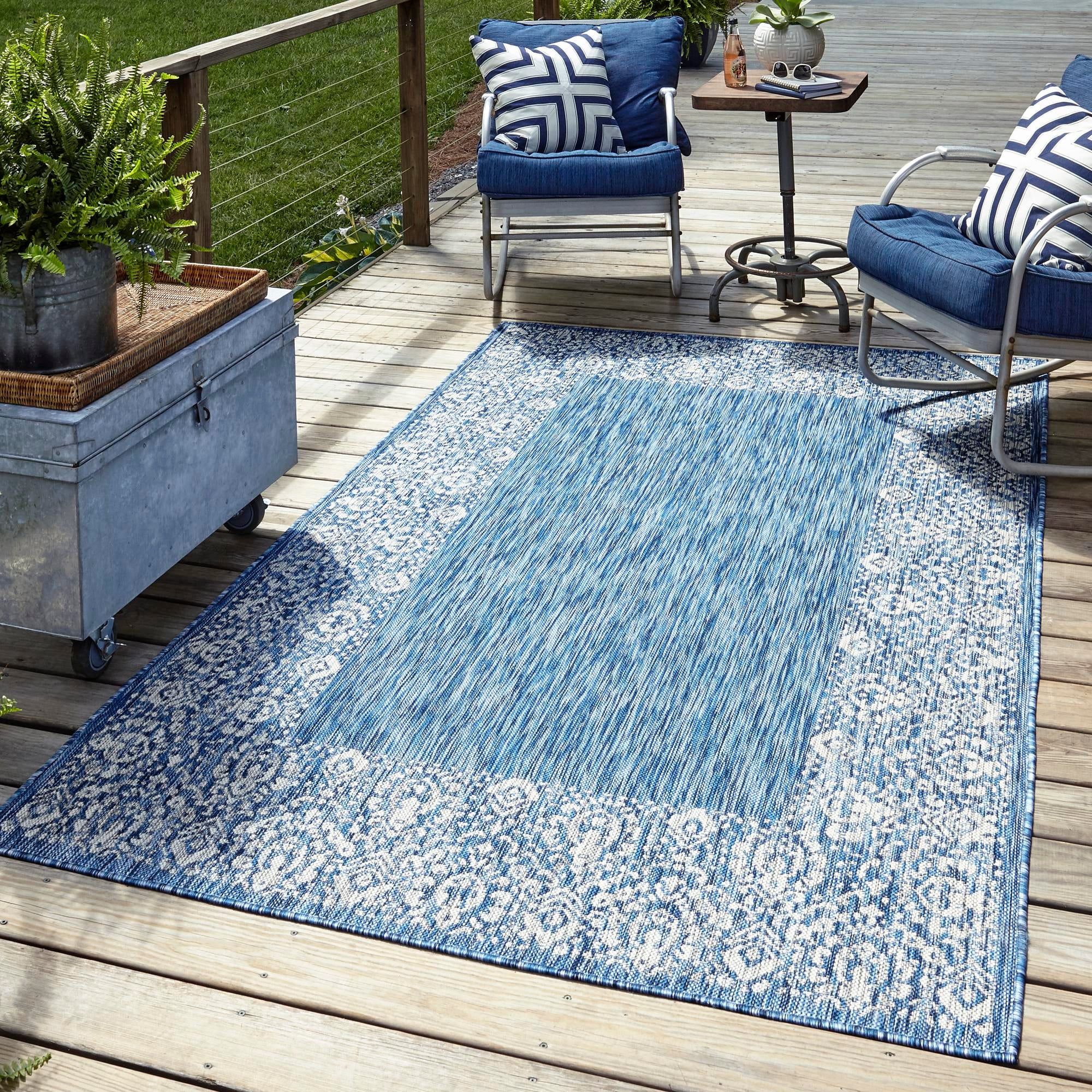 Breezy Blue Floral 6' x 9' Synthetic Outdoor Rug
