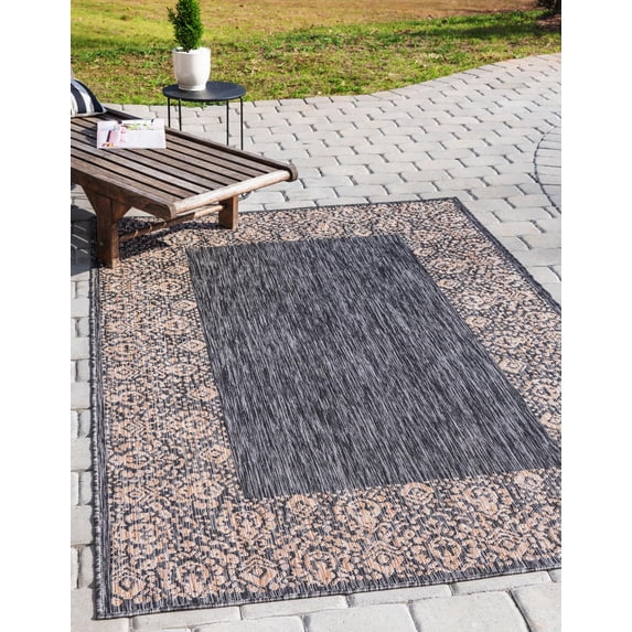 Unique Loom Outdoor Border Collection Area Rug - Floral Border (7' 1" x 10' Rectangle Charcoal Gray/Beige)