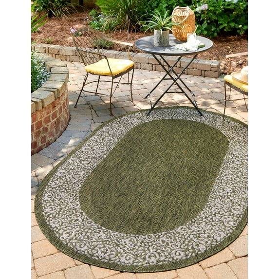 Unique Loom Outdoor Border Collection Area Rug - Floral Border (7' 10" x 10' Oval Green/Ivory)