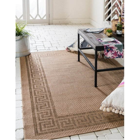 Unique Loom Outdoor Border Collection Area Rug - Greek Key (2' 2" x 3' 1" Rectangle Light Brown/Tan)