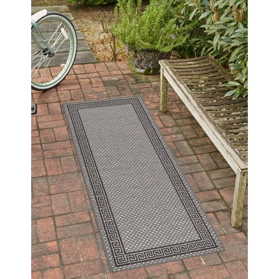 Unique Loom Outdoor Border Collection Area Rug - Greek Key (2' x 6' 1" Runner Gray/Black)