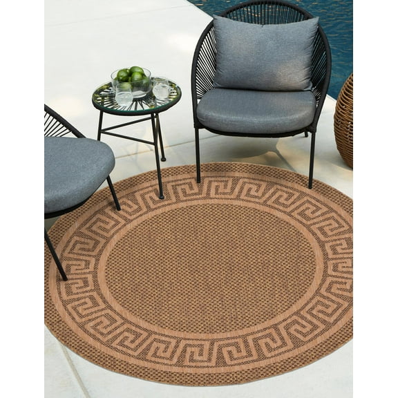 Unique Loom Outdoor Border Collection Area Rug - Greek Key (6' 1" Round Brown/Light Brown)