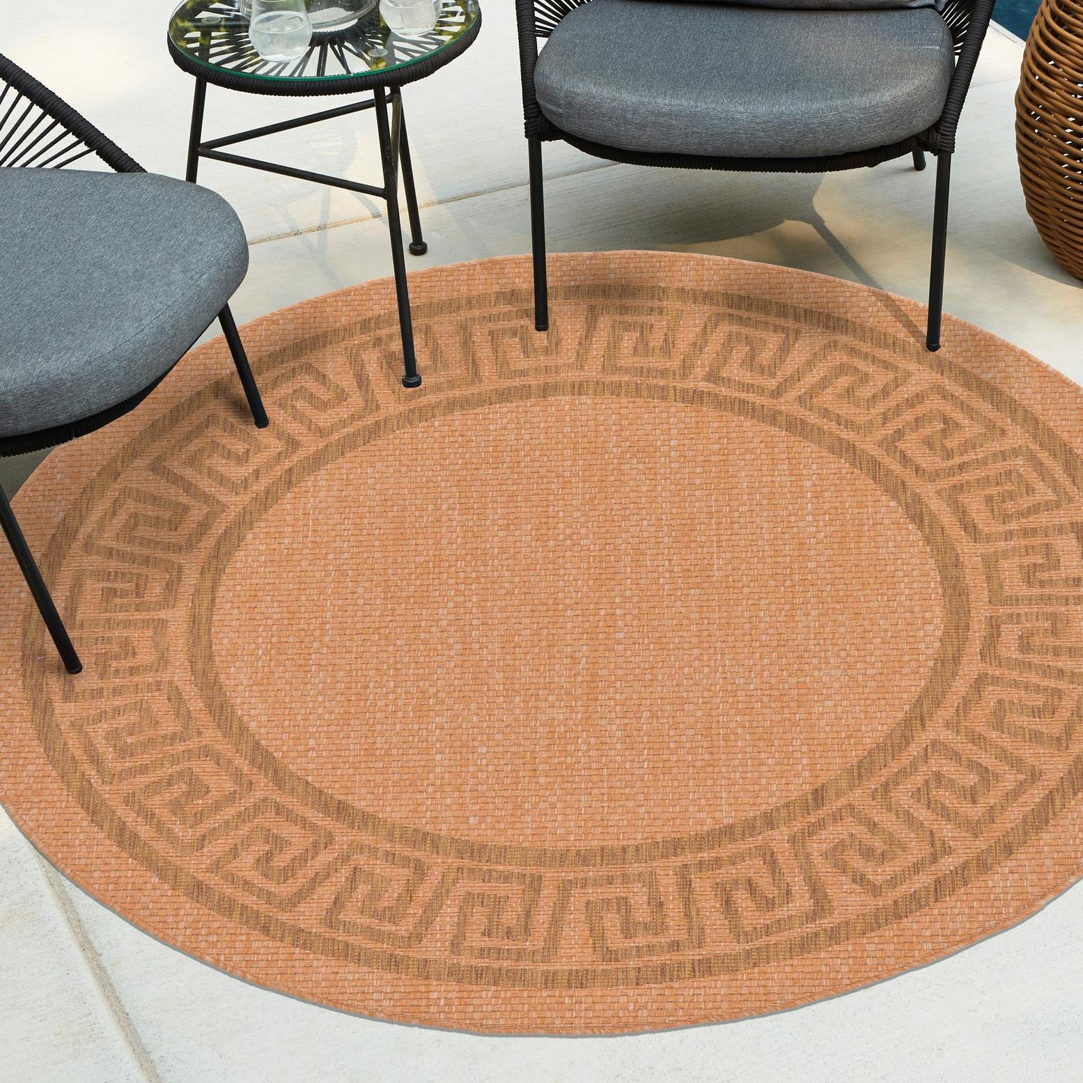 Light Brown Round Synthetic Easy Care Outdoor Rug