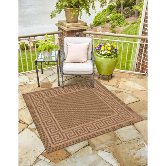 Unique Loom Outdoor Border Collection Area Rug - Greek Key (6' 1" Square Brown/Light Brown)
