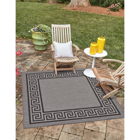 Unique Loom Outdoor Border Collection Area Rug - Greek Key (6' 1" Square Gray/Black)