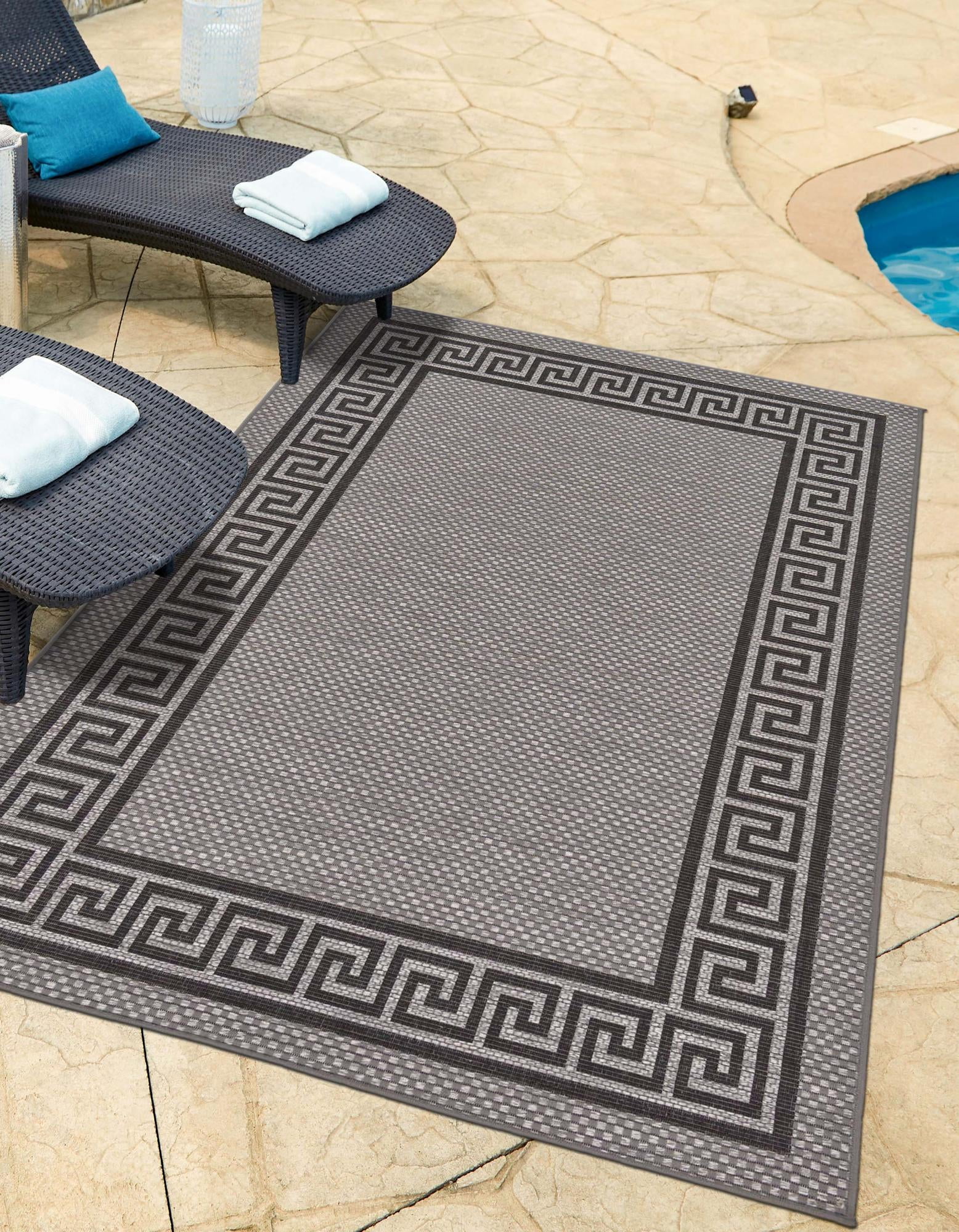 Unique Loom Outdoor Border Collection Area Rug - Greek Key (6' 1" x 9' Rectangle Gray/Black)