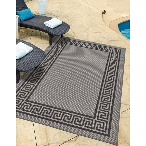 Unique Loom Outdoor Border Collection Area Rug - Greek Key (6' 1" x 9' Rectangle Gray/Black)